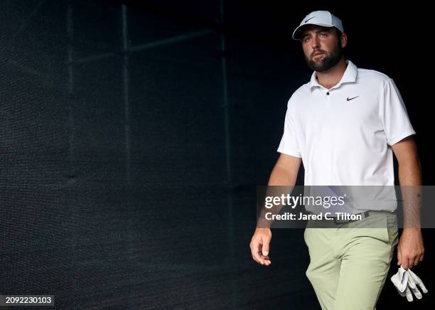 Scottie Scheffler of the United States walks to the 18th tee during the final round of THE PLAYERS Championship at TPC Sawgrass on March 17, 2024 in...