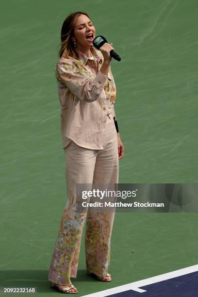 Katharine McPhee preforms the National Anthem before Iga Swiatek of Poland plays Maria Sakkari of Greece during the Women's Final of the BNP Paribas...