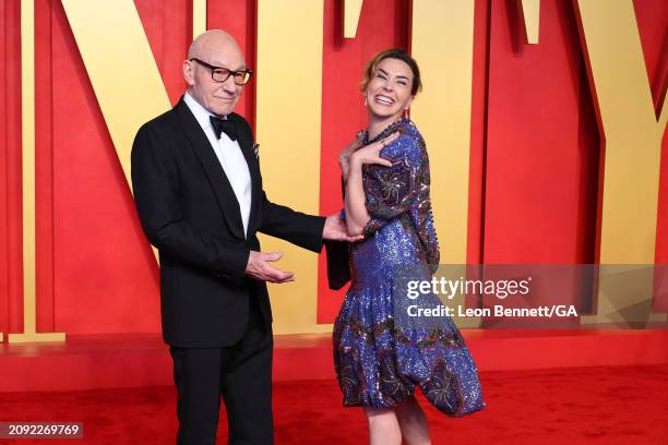 Patrick Stewart and Sunny Ozell attend 2024 Vanity Fair Oscar Party Hosted by Radhika Jones at Wallis Annenberg Center for the Performing Arts on...