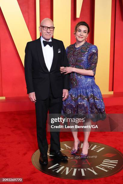 Patrick Stewart and Sunny Ozell attend 2024 Vanity Fair Oscar Party Hosted by Radhika Jones at Wallis Annenberg Center for the Performing Arts on...