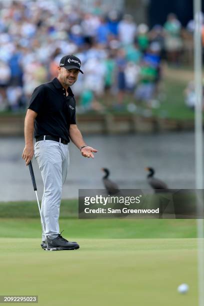 Brian Harman of the United States reacts on the 16th green during the final round of THE PLAYERS Championship at TPC Sawgrass on March 17, 2024 in...