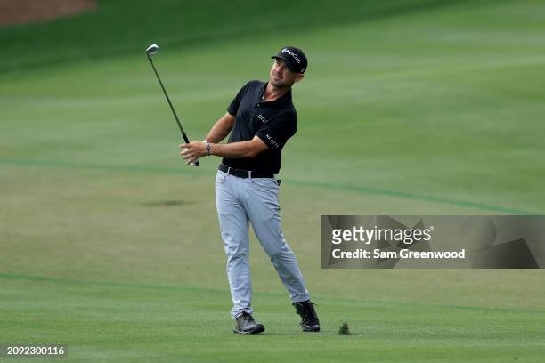 Brian Harman of the United States plays a shot on the 16th hole during the final round of THE PLAYERS Championship at TPC Sawgrass on March 17, 2024...