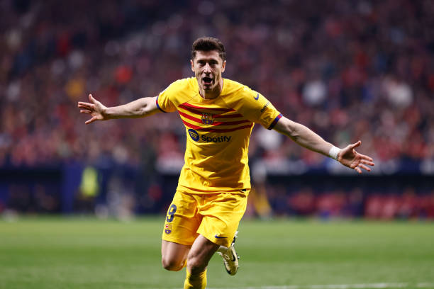 Barcelona vs Atlético Madrid: Robert Lewandowski of FC Barcelona celebrates a goal during the LaLiga EA Sports.