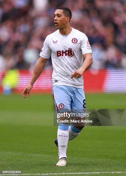 Youri Tielemans of Aston Villa during the Premier League match between West Ham United and Aston Villa at London Stadium on March 17, 2024 in London,...