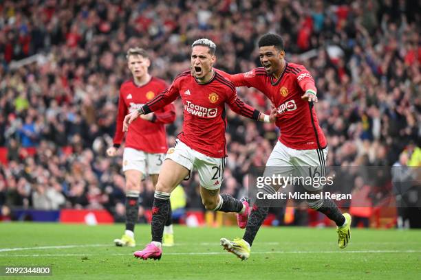 Antony of Manchester United celebrates scoring his team's second goal with teammate Amad Diallo during the Emirates FA Cup Quarter Final between...