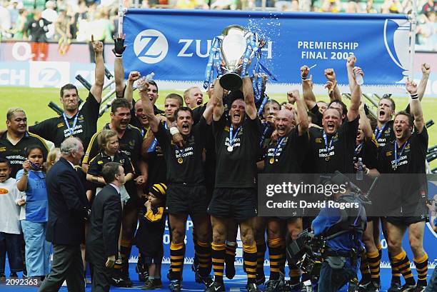 Lawrence Dallaglio the Wasps captain lifts the trophy after the Zurich Premiership Final between Gloucester and London Wasps on May 31, 2003 at...