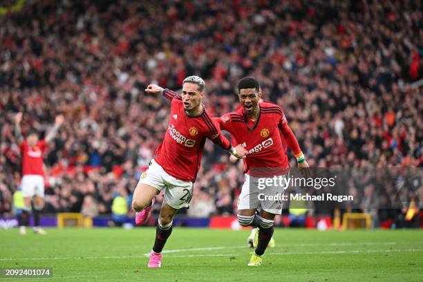 Antony of Manchester United celebrates scoring his team's second goal with teammate Amad Diallo during the Emirates FA Cup Quarter Final between...