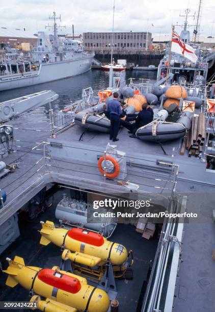 Brecon, a British Royal Navy mine-sweeper loaded with French-made anti-mine devices, prepared to go to the Persian Gulf, based at Rosyth, Scotland,...