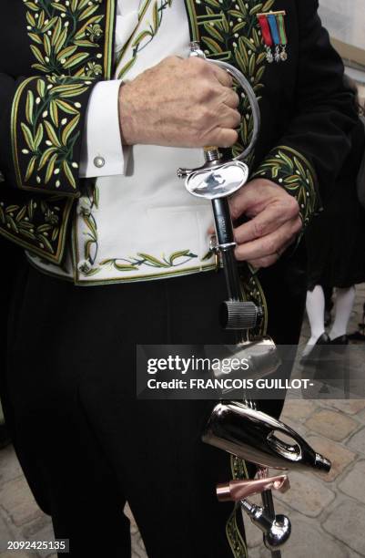 Gros plan pris le 15 octobre 2008 à Paris, sur l'épée d'académicien du photographe Yann Arthus-Bertrand, oeuvre du styliste français Philippe Starck,...