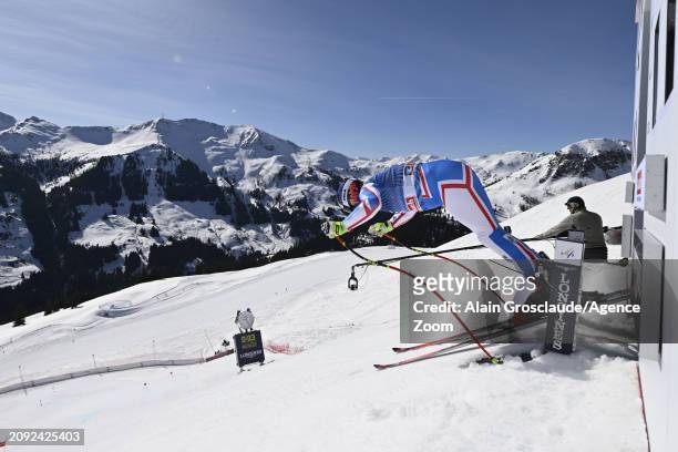Maxence Muzaton of Team France at the start during the Audi FIS Alpine Ski World Cup Finals Men's and Women's Downhill Training on March 20, 2024 in...