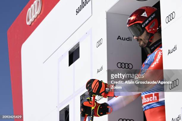 Loic Meillard of Team Switzerland in action during the Audi FIS Alpine Ski World Cup Finals Men's and Women's Downhill Training on March 20, 2024 in...