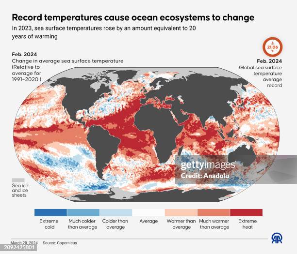 An infographic titled 'Record temperatures cause ocean ecosystems to change' created in Istanbul, Turkiye on March 20, 2024. In 2023, sea surface...