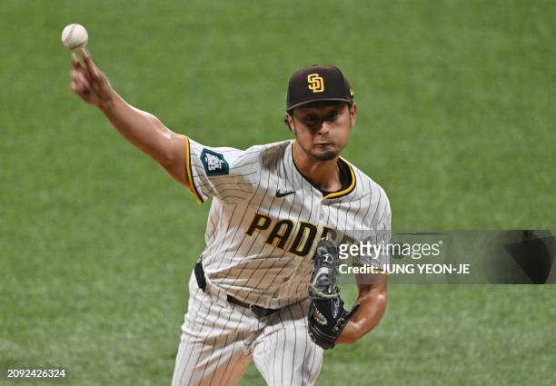 San Diego Padres' pitcher Yu Darvish pitches during the first inning of the 2024 MLB Seoul Series baseball game between Los Angeles Dodgers and San...