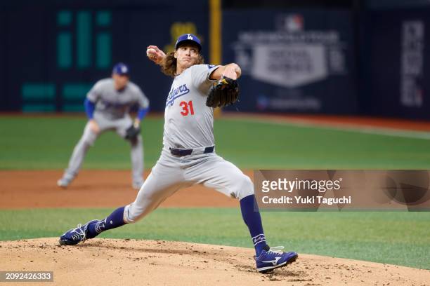 Tyler Glasnow of the Tampa Bay Rays pitches during the 2024 Seoul Series game between the Los Angeles Dodgers and the San Diego Padres at Gocheok Sky...