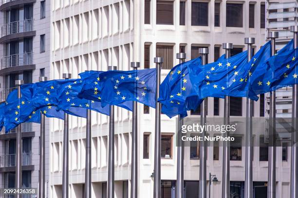 Flags of Europe as seen waving on pole. The European Flag is the symbol of Council of Europe COE and the European Union EU as seen in the Belgian...