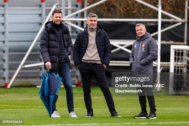 Simon Francis, Richard Hughes and Jay Mellette of Bournemouth during a training session at Vitality Stadium on February 29, 2024 in Bournemouth,...