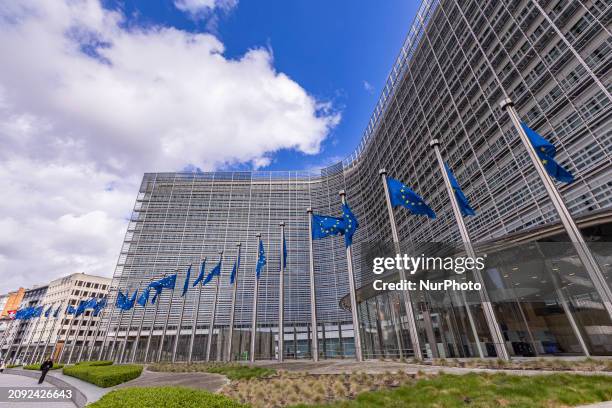 Flags of Europe as seen waving on pole. The European Flag is the symbol of Council of Europe COE and the European Union EU as seen in the Belgian...