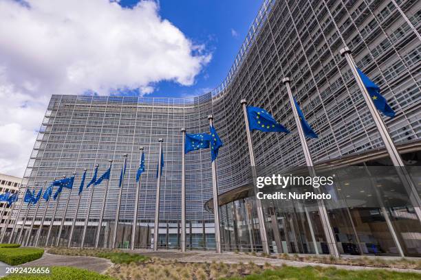 Flags of Europe as seen waving on pole. The European Flag is the symbol of Council of Europe COE and the European Union EU as seen in the Belgian...