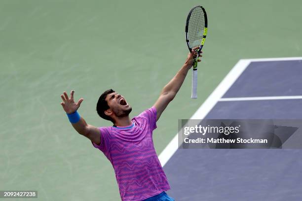 Carlos Alcaraz of Spain celebrates match point against Daniil Medvedev of Russia during the Men's Final of the BNP Paribas Open at Indian Wells...