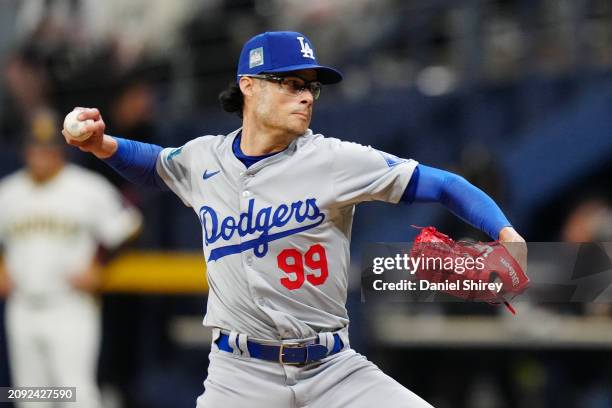 Joe Kelly of the Los Angeles Dodgers pitches during the 2024 Seoul Series game between the Los Angeles Dodgers and the San Diego Padres at Gocheok...