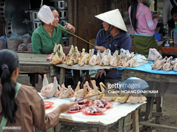 Inflation-poverty-Asia-unrest,ANALYSIS-FEATURE by Ian Timberlake Vendors wave sticks to chase away insects as they sell chickens at a local market in...