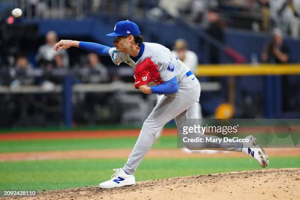 Joe Kelly of the Los Angeles Dodgers pitches during the 2024 Seoul Series game between the Los Angeles Dodgers and the San Diego Padres at Gocheok...