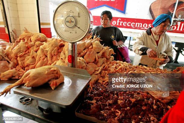 Two consumers buy chicken in a market in the center of Mexico City, 21 January 2003. Mexico decided to allow up to 50,000 metric tons of chicken from...