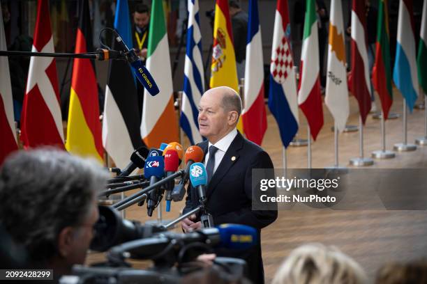 Federal Chancellor of Germany Olaf Scholz attends the Special EU Summit. The European Council Summit is the EU leaders meeting at the headquarters of...