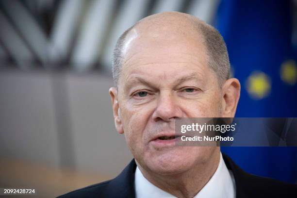 Federal Chancellor of Germany Olaf Scholz attends the Special EU Summit. The European Council Summit is the EU leaders meeting at the headquarters of...