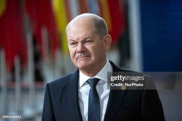 Federal Chancellor of Germany Olaf Scholz attends the Special EU Summit. The European Council Summit is the EU leaders meeting at the headquarters of...