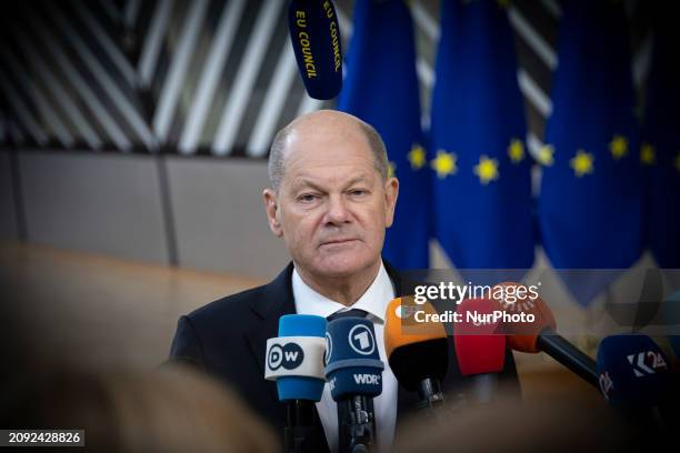 Federal Chancellor of Germany Olaf Scholz attends the Special EU Summit. The European Council Summit is the EU leaders meeting at the headquarters of...