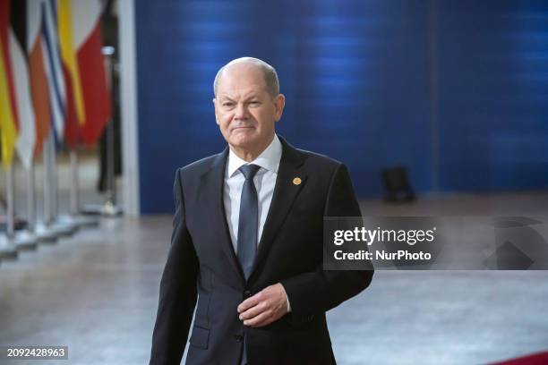 Federal Chancellor of Germany Olaf Scholz attends the Special EU Summit. The European Council Summit is the EU leaders meeting at the headquarters of...