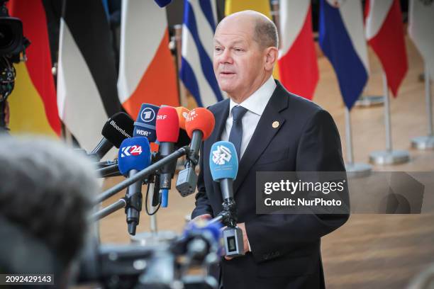 Federal Chancellor of Germany Olaf Scholz attends the Special EU Summit. The European Council Summit is the EU leaders meeting at the headquarters of...