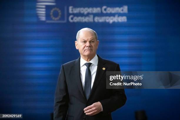 Federal Chancellor of Germany Olaf Scholz attends the Special EU Summit. The European Council Summit is the EU leaders meeting at the headquarters of...