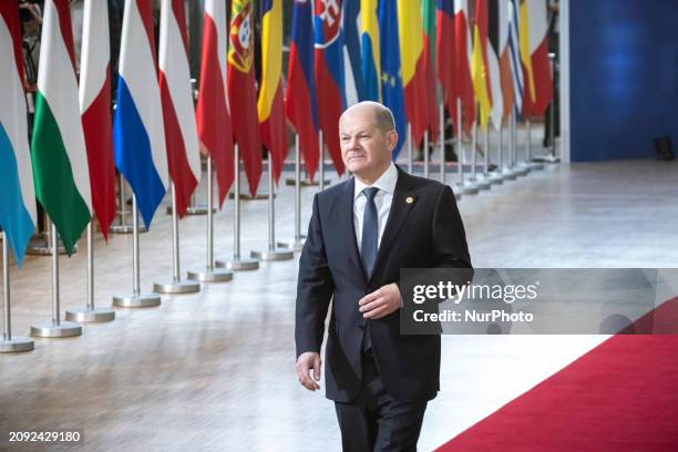 Federal Chancellor of Germany Olaf Scholz attends the Special EU Summit. The European Council Summit is the EU leaders meeting at the headquarters of...