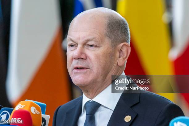 Federal Chancellor of Germany Olaf Scholz attends the Special EU Summit. The European Council Summit is the EU leaders meeting at the headquarters of...