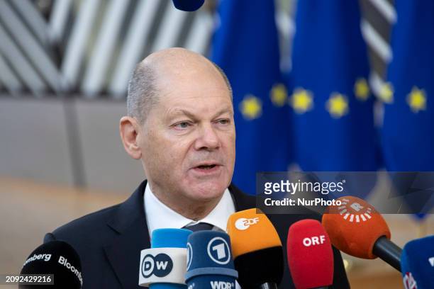 Federal Chancellor of Germany Olaf Scholz attends the Special EU Summit. The European Council Summit is the EU leaders meeting at the headquarters of...