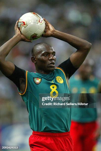 June 6: Geremi of Cameroon throwing during the FIFA World Cup Finals 2002 Group E match between Saudi Arabia and Cameroon at Saitama Stadium on June...