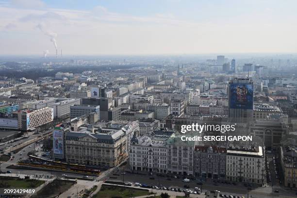 This photograph taken on March 20, 2024 shows a panoramic view of Warsaw, seen from the Palace of Culture and Science.