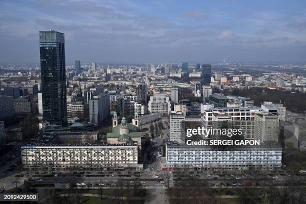 This photograph taken on March 20, 2024 shows a panoramic view of Warsaw as seen from the Palace of Culture and Science.