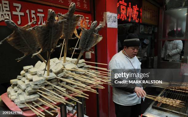 Hawker cooks exotic foods including lizards, for adventurous eaters at his stall in the Wangfujing shopping street of Beijing on January 17 2012....