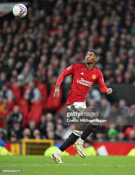 Marcus Rashford of Manchester United in action during the Emirates FA Cup Quarter Final between Manchester United and Liverpool FC at Old Trafford on...