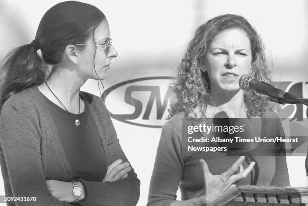 Clare Bronfman, left, and sister Sara Bronfman discuss the schedule of events for the Dalai Lama's upcoming visit to Albany at a news conference...