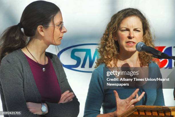 Clare Bronfman, left, and sister Sara Bronfman discuss the schedule of events for the Dalai Lama's upcoming visit to Albany at a news conference...