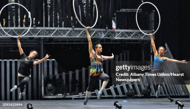 Aerial artists, from left, Meaghan Wegg, Lisa Skinner and Danila Bim rehearse "Aerial Hoops" as Cirque du Soleil prepares for the Quidam performances...