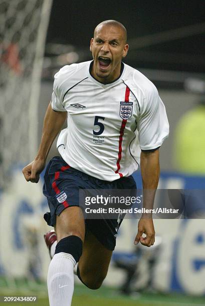 June 15: Rio Ferdinand of England celebrates his goal during the FIFA World Cup Finals 2002 Round Of 16 match between Denmark and England at Niigata...
