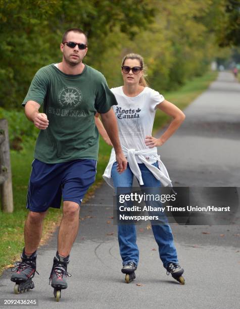 Paul and Julie Stanco of Niskayuna skate on the bike path along the Mohawk River in Niskayuna Wednesday Sept. 26, 2012.