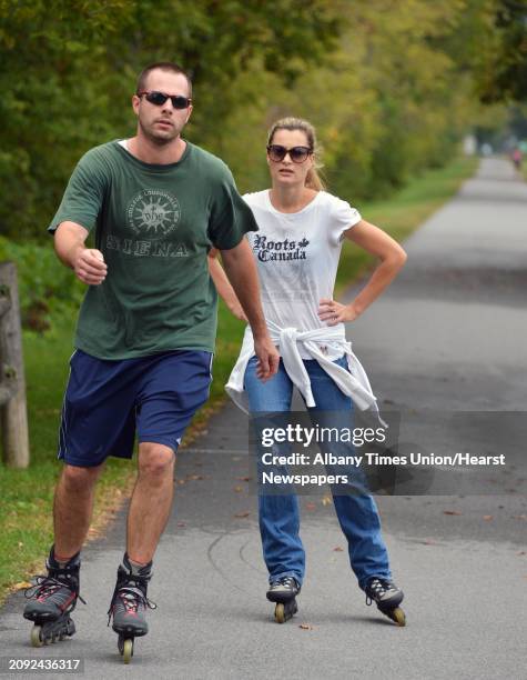 Paul and Julie Stanco of Niskayuna skate on the bike path along the Mohawk River in Niskayuna Wednesday Sept. 26, 2012.