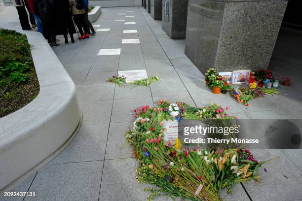 Wreath of flowers is placed on a symbolic grave for the Russian lawyer, anti-corruption activist, politician and political prisoner Alexei Navalny in...