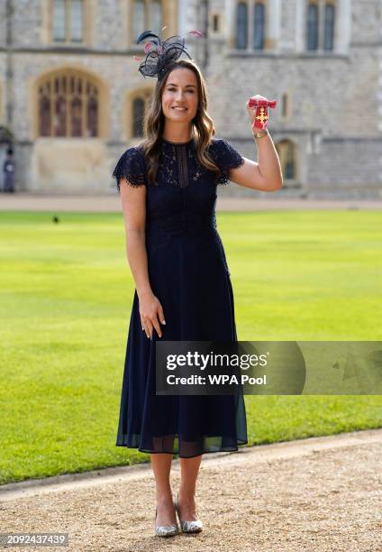 Maddy Hinch after being made an Officer of the Order of the British Empire during an investiture ceremony at Windsor Castle, on March 20, 2024 in...